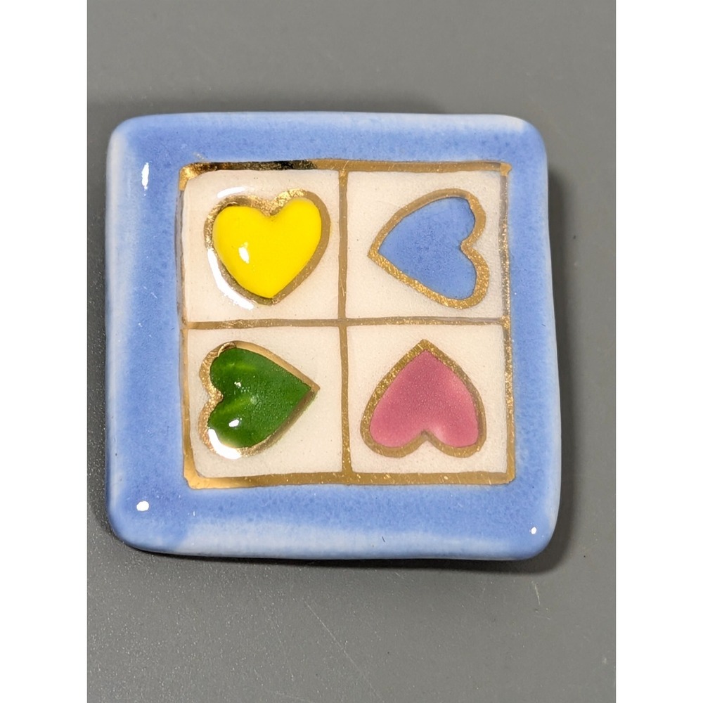 Artisan Handcrafted Ceramic Heart Square Brooch Pin Blue‎ Pink Green